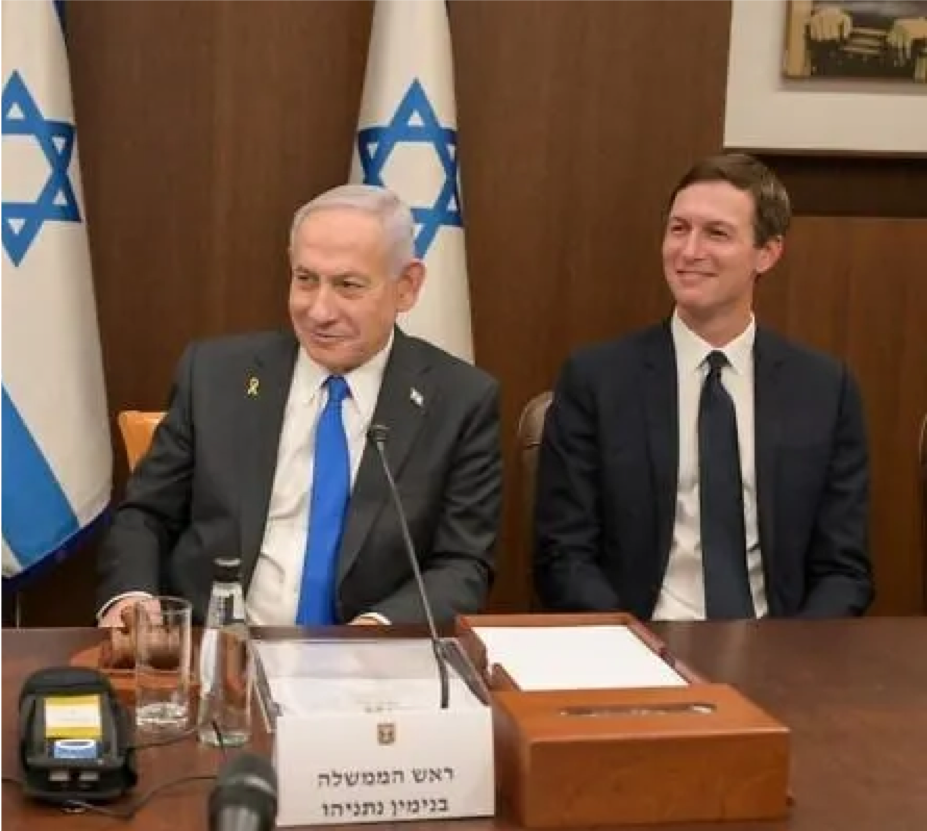 Benjamin Netanyahu & Jared Kushner — post-meeting, smiling; the Israeli flag as their backdrop and witness.