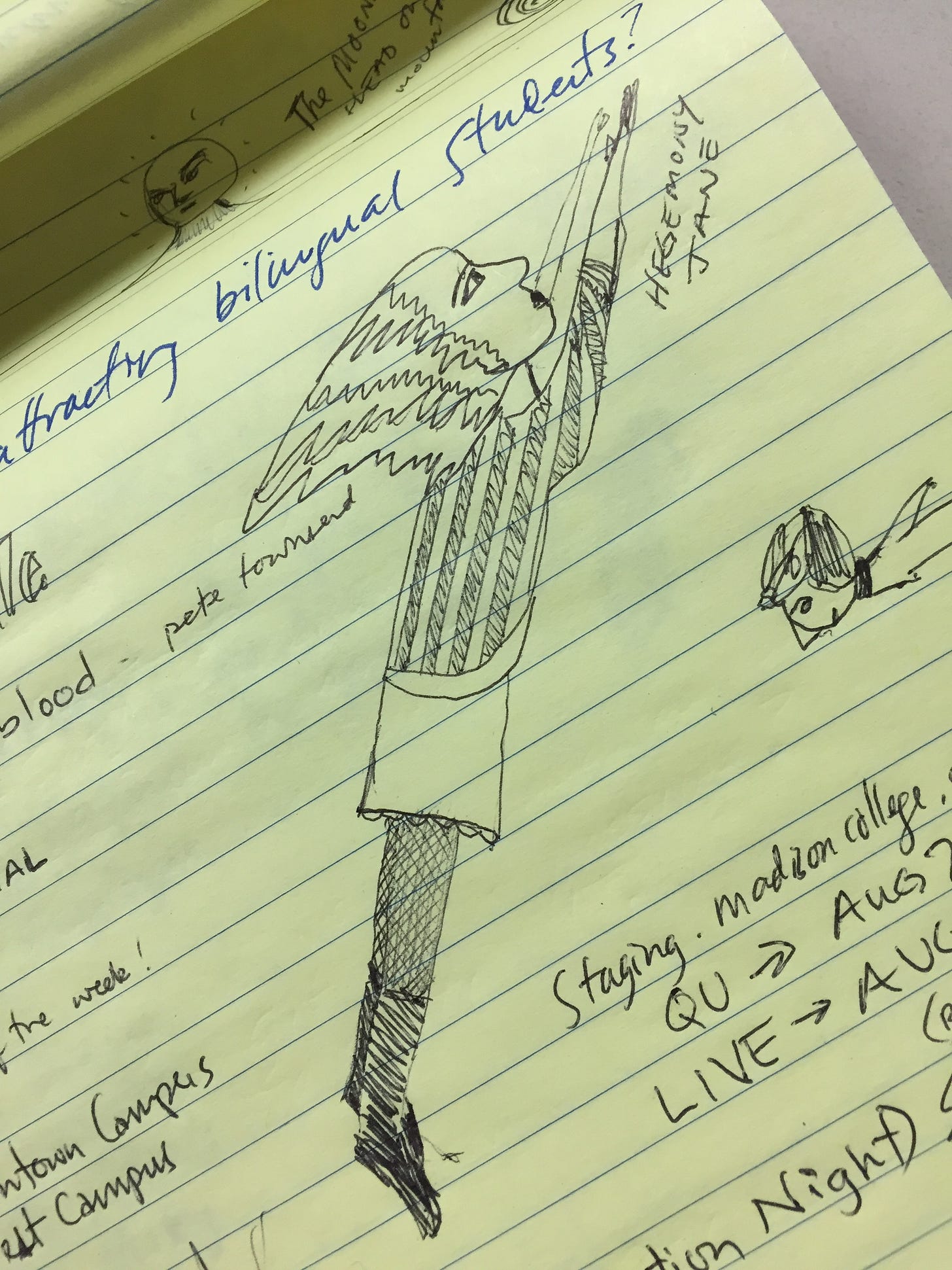 hand drawing of superhero "Hegemony Jane" on a legal pad