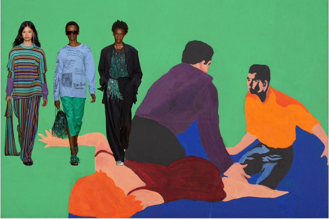 Rosalyn Drexler’s Untitled, 1963, wrestlers in orange and purple on a green ground, beside Rachel Comey looks in striped knits