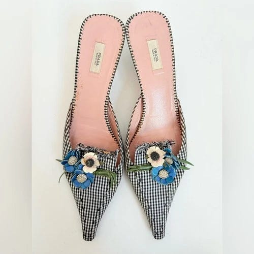 Prada Black White Gingham Flower bouquet Vintage mules heels EU 39.5 - Picture 9 of 9