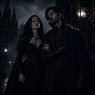 Fleetwood and Anastrasya arm in arm beneath lantern light, cold predatory elegance, Fleetwood with storm‑steel palette and well‑kept beard