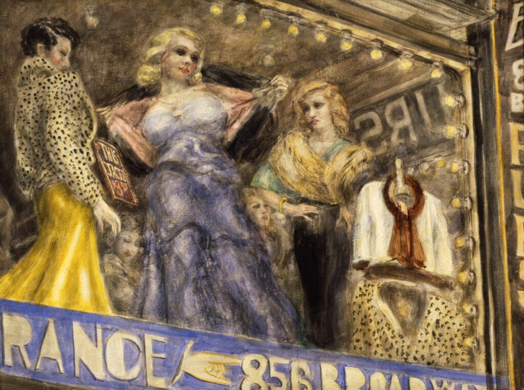 A painting depicting three women modeling clothing in the window of a department store. A painting depicting three women modeling clothing in the window of a department store.