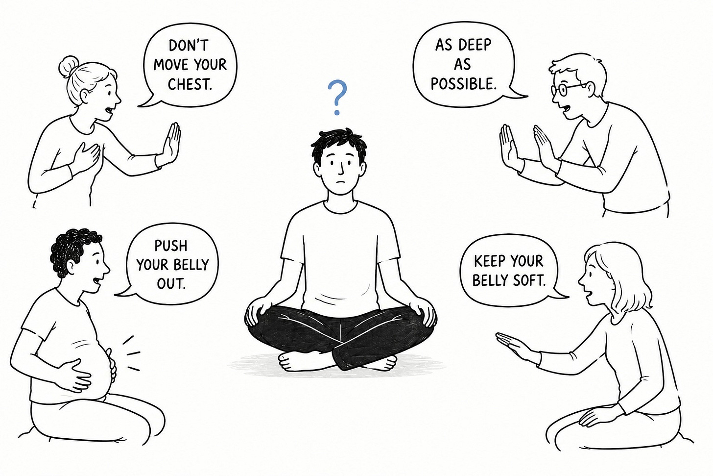 Minimal black-and-white cartoon illustration of a person sitting cross-legged in the centre, looking confused, with a blue question mark above their head. Four people around them give conflicting breathing advice in speech bubbles: “Don’t move your chest.”, “As deep as possible.”, “Push your belly out.”, and “Keep your belly soft.” Minimal black-and-white cartoon illustration of a person sitting cross-legged in the centre, looking confused, with a blue question mark above their head. Four people around them give conflicting breathing advice in speech bubbles: “Don’t move your chest.”, “As deep as possible.”, “Push your belly out.”, and “Keep your belly soft.”
