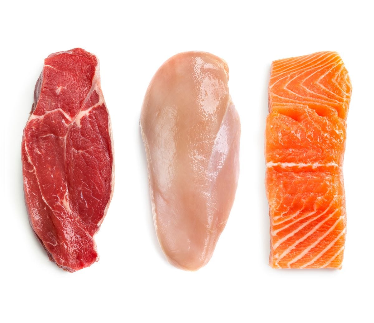 Raw steak, chicken, and salmon Raw steak, chicken, and salmon