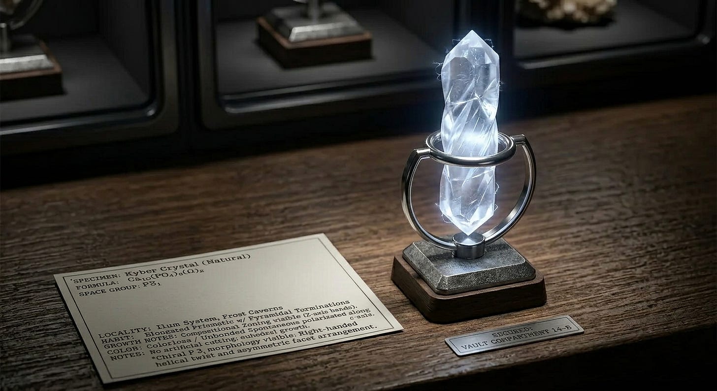 A glowing, colorless crystal specimen mounted upright in a circular metal display stand on a wooden base, emitting intense white-blue internal luminescence. The crystal exhibits an elongated prismatic habit with pyramidal terminations at both ends and a visible helical twist along the c-axis consistent with chiral P3₁ morphology. Fine internal veil inclusions and compositional zoning are visible through the transparent body. The crystal glows from within without an apparent external light source. To the left, partially visible, is a specimen card reading: SPECIMEN: Kyber Crystal (Natural) / FORMULA: Ca₁₀(PO₄)₆(Ω)₂ / SPACE GROUP: P3₁ / LOCALITY: Ilum System, Frost Caverns. A small metal plaque on the stand base reads: SECURED: VAULT COMPARTMENT 14-B. The setting suggests a curator's desk or secure research facility. Other specimen cases are visible in the background.