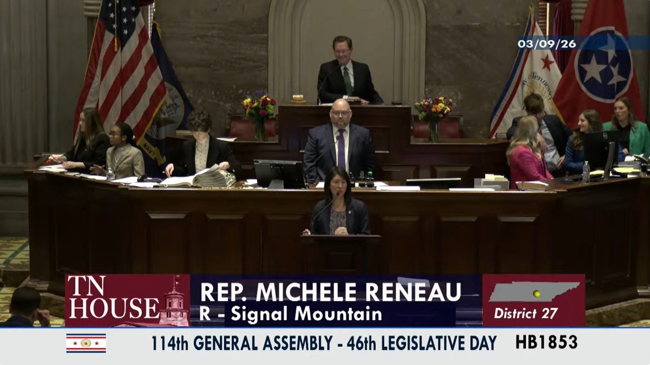 May be an image of the Oval Office and text that says '03/09/26 03 /09 /26 TN HOUSE 国 REP. MICHELE RENEAU R- R -Signal Mountain 114th GENERAL ASSEMBLY 46th LEGISLATIVE DAY District 27 HB1853'