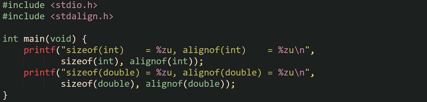 #include <stdio.h> #include <stdalign.h> int main(void) { printf("sizeof(int) = %zu, alignof(int) = %zu\n", sizeof(int), alignof(int)); printf("sizeof(double) = %zu, alignof(double) = %zu\n", sizeof(double), alignof(double)); } #include <stdio.h> #include <stdalign.h> int main(void) { printf("sizeof(int) = %zu, alignof(int) = %zu\n", sizeof(int), alignof(int)); printf("sizeof(double) = %zu, alignof(double) = %zu\n", sizeof(double), alignof(double)); }