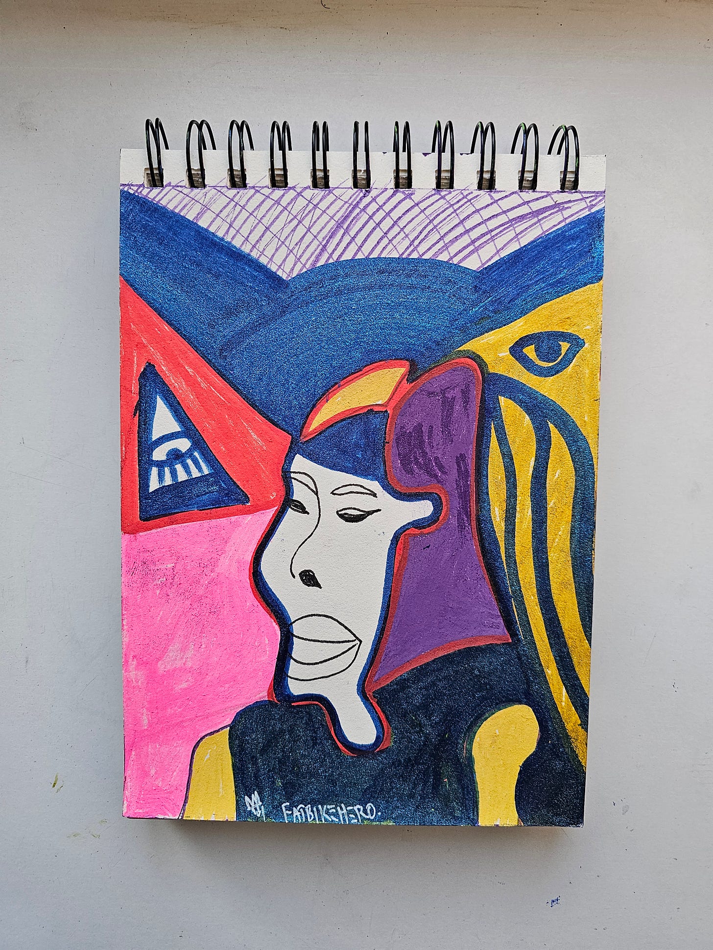 Alt Text: A colorful, neo-expressionist drawing in a sketchbook. It features a distorted profile of a face with white skin, purple hair, and heavy eyelids. The background is a geometric abstraction of deep blue, bright pink, red, and yellow. Two disembodied eyes appear in the background—one inside a blue triangle and another in a yellow section—symbolizing surveillance or digital observation.