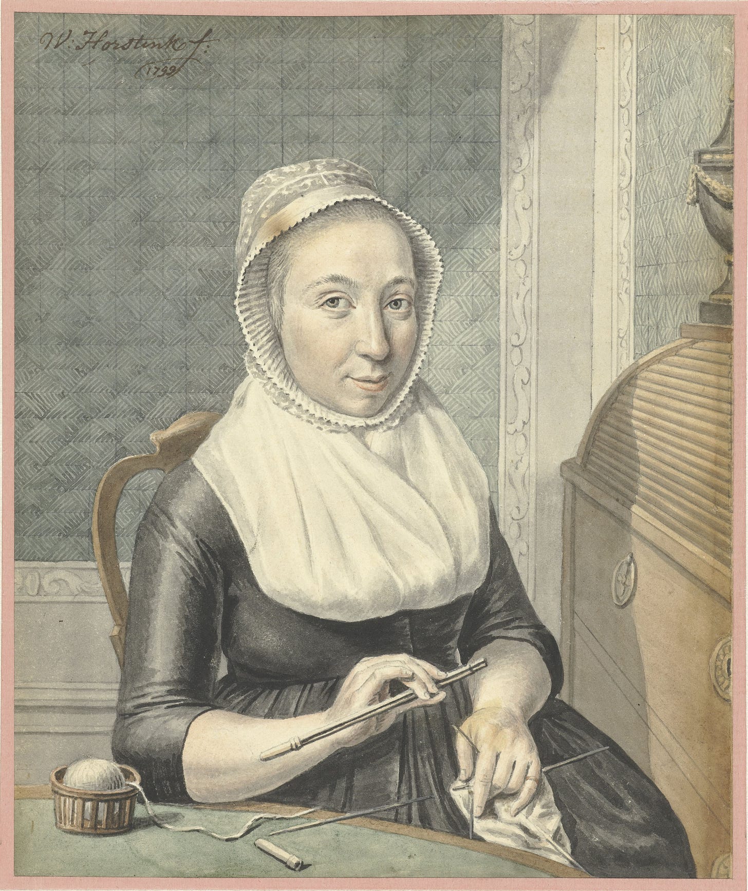 1799 watercolour portrait of a woman holding knitting work.