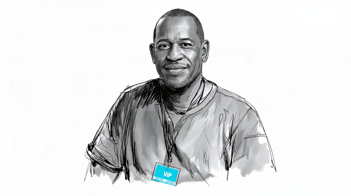 Editorial sketch of Dennis Robertson in casual clothes, knowing smile, VIP badge, grayscale with cyan accent