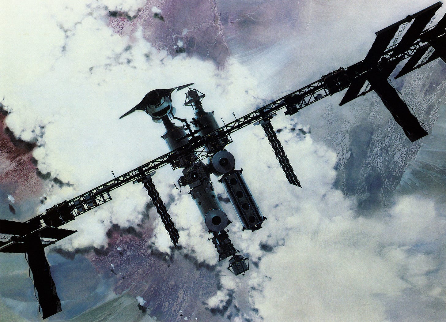 Illustration of a satellite flying over a cloudy planet.