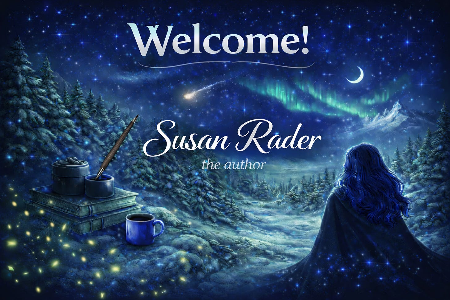 Welcome header image.  Angelika looking over the valley at night to an aurora filled sky