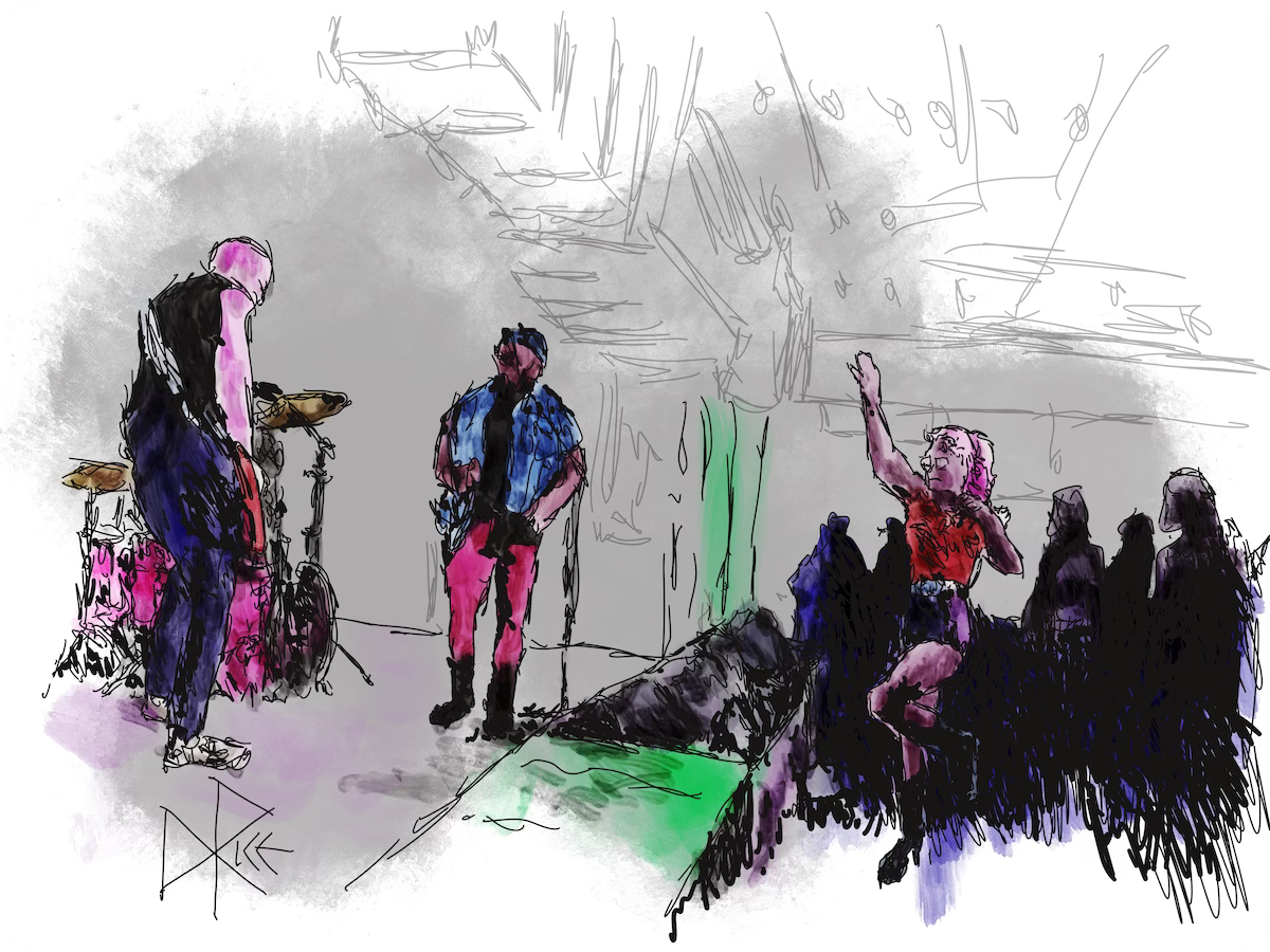 As a punk band plays on a raised stage, the crowd dances or stands and sways in appreciation. Sketch art by Don Rice.