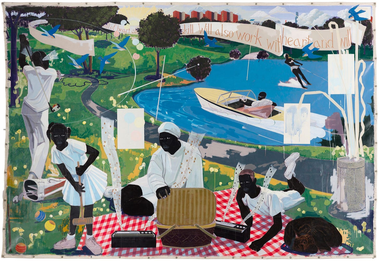 A family having a picnic on a riverbank