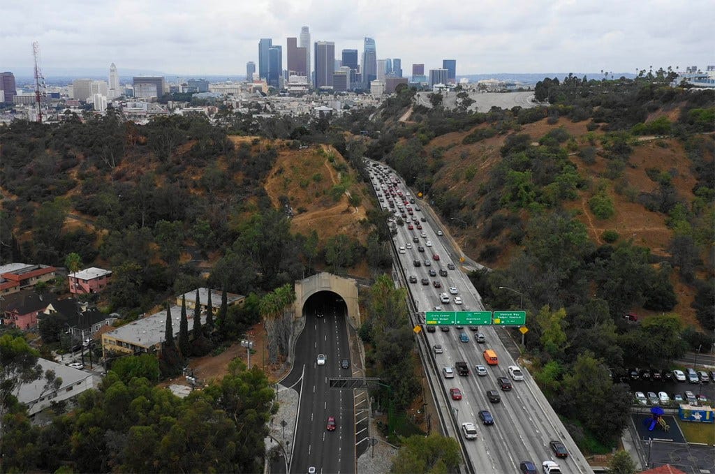 Drone shot of rush-hour traffic over Los Angeles. Credit: Erik Olsen