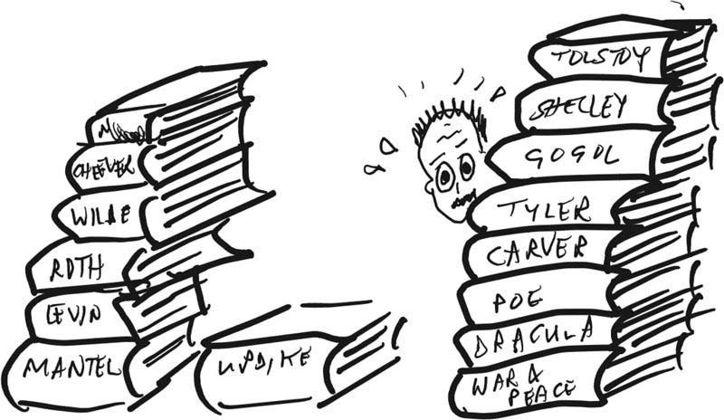 Part of the TBR list. Drawing my Terry Freedman. A challenge: what’s missing from this picture?