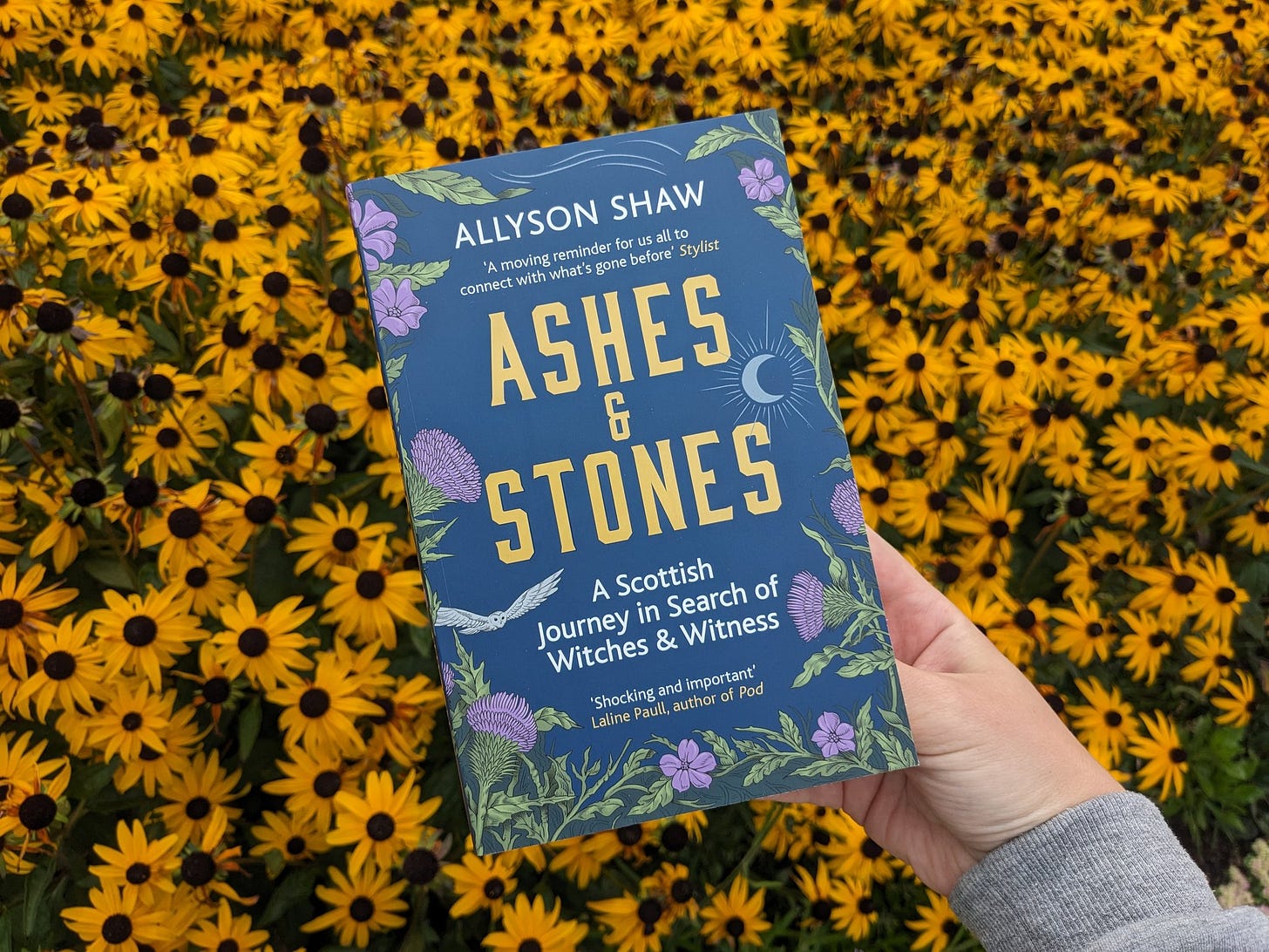 A white woman's hand holds a copy of Ashes and Stones, a blue book with thistles, a moon and an owl on the cover. In the background, a field of bright yellow and brown black-eyed susans is in full bloom