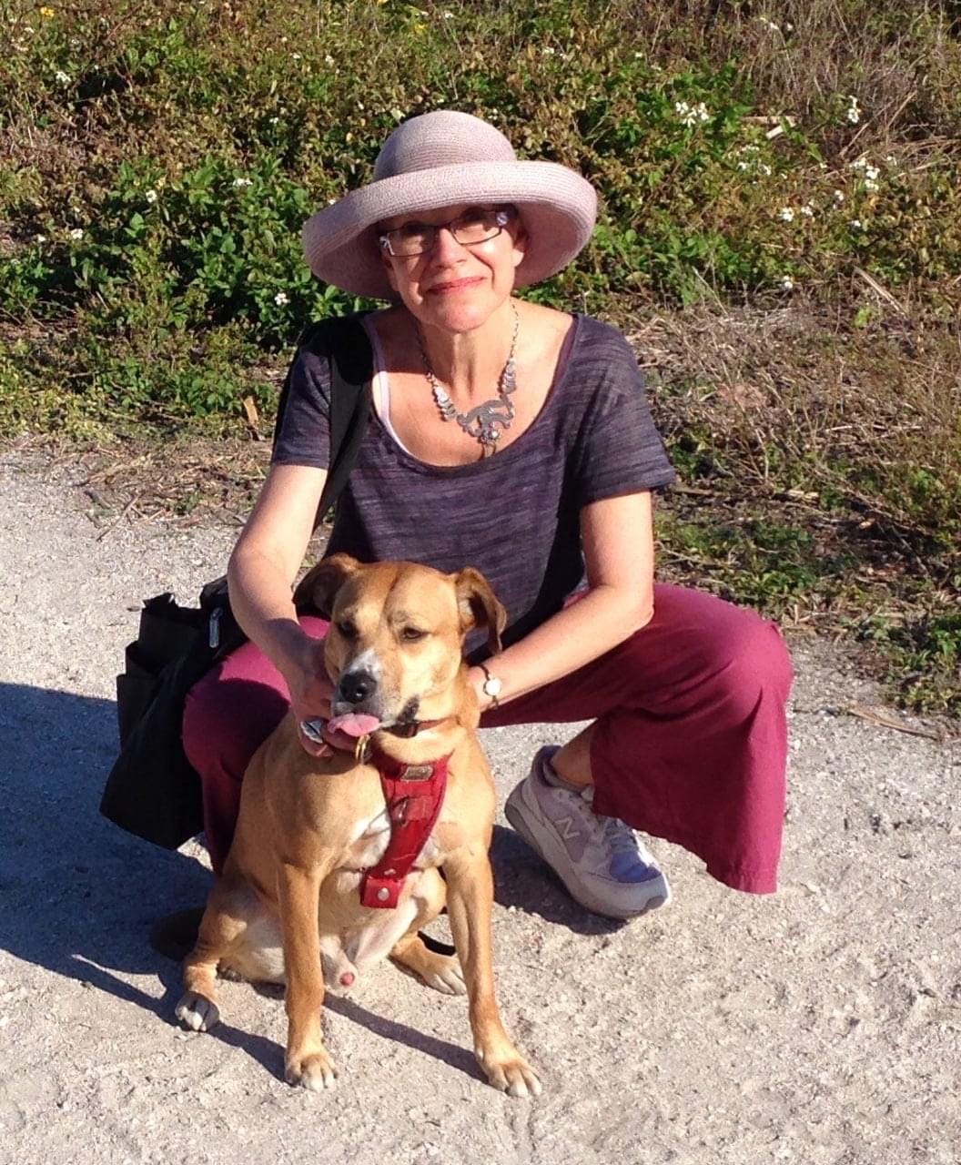 A woman in a sunhat (Rona Maynard) crouches on a trail with ginger dog in a red harness. A woman in a sunhat (Rona Maynard) crouches on a trail with ginger dog in a red harness.