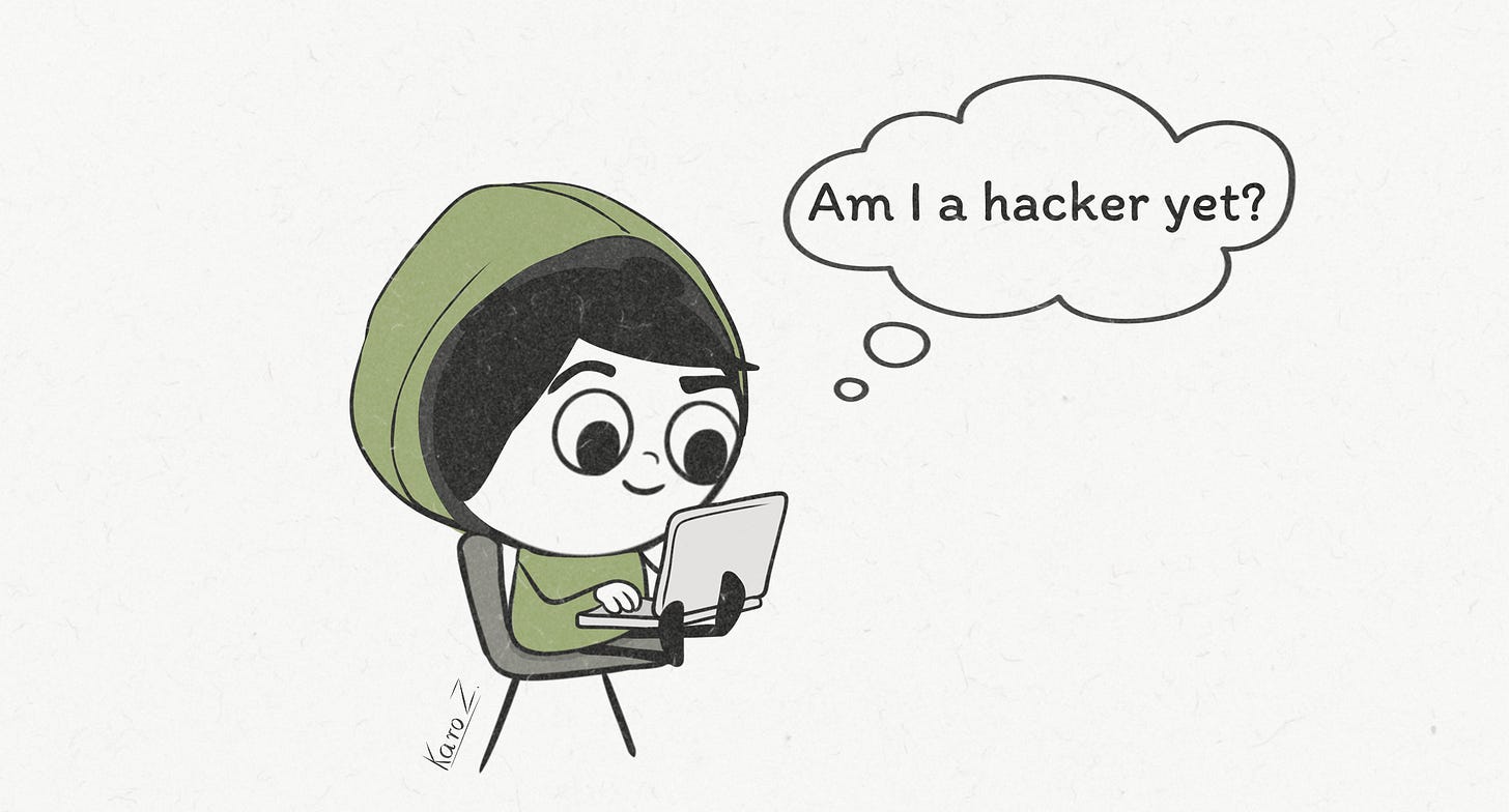 A cute character in a green hoodie is joyfully typing on a laptop, with a thought bubble that reads:   **“Am I a hacker yet?”** This visual perfectly captures the vibe of beginner coders, vibecoders, o who just got something to work and are feeling invincible for 3.5 seconds. By Karo Z., Product With Attitude.