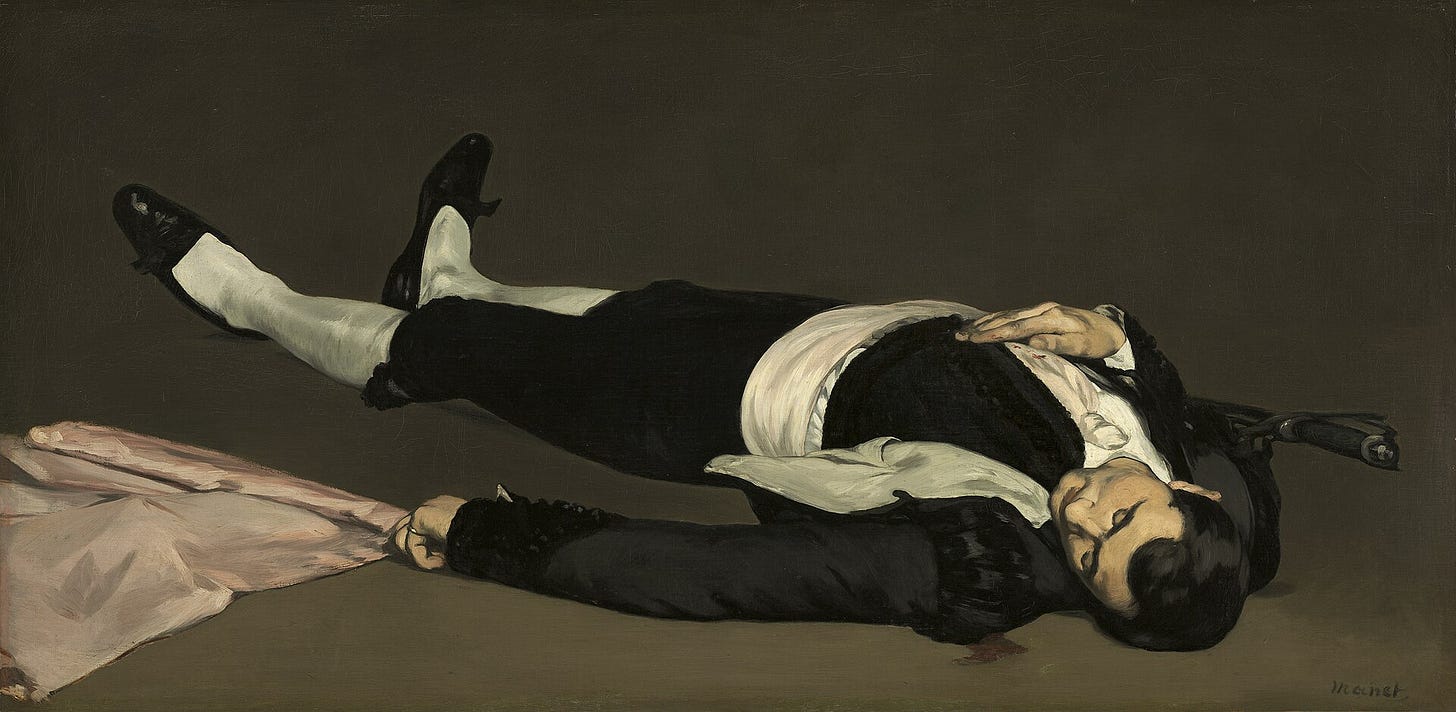 A bullfighter in a black jacket and white stockings lies dead on his back across a bare brown floor, a pink cape and a sword beside him.