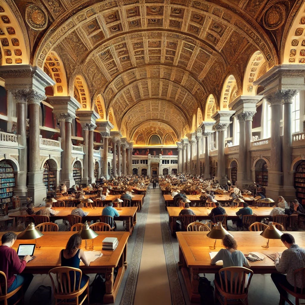 A detailed interior view of the Library of Congress with grand architectural features, including ornate columns, high arched ceilings, and elaborate decor. The space features only 3 or 4 large wooden tables, each with a few researchers sitting and working. The researchers are diverse in age, gender, and ethnicity, deeply engaged in their work, reading books, and writing papers. The room is less crowded, giving a more open and spacious feeling. The lighting is warm, with natural light filtering through large windows, creating a scholarly and focused atmosphere.