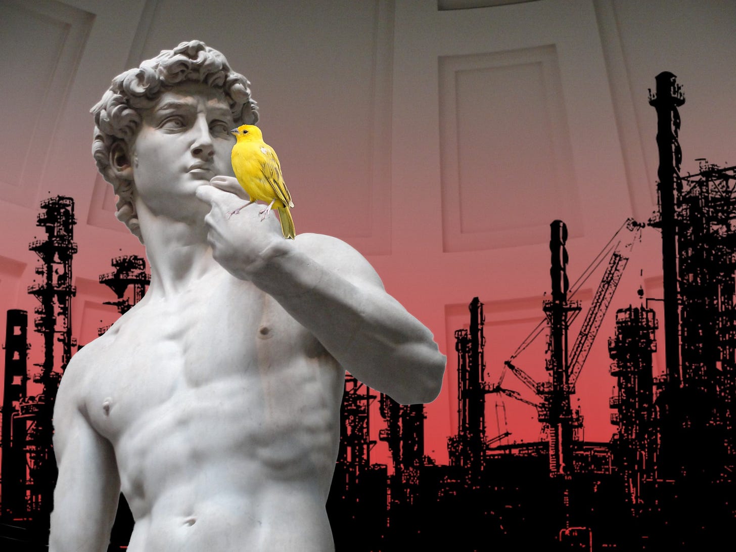 The statue of David with a yellow canary on his curled arm standing in front of the silhouette of an oil refinery casting a red glow onto the rotunda in the background.