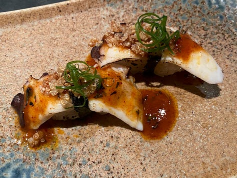 Three photos of nigiri with seafood and little details such as bonito flakes and sesame on top of a bite of marinated sushi rice.