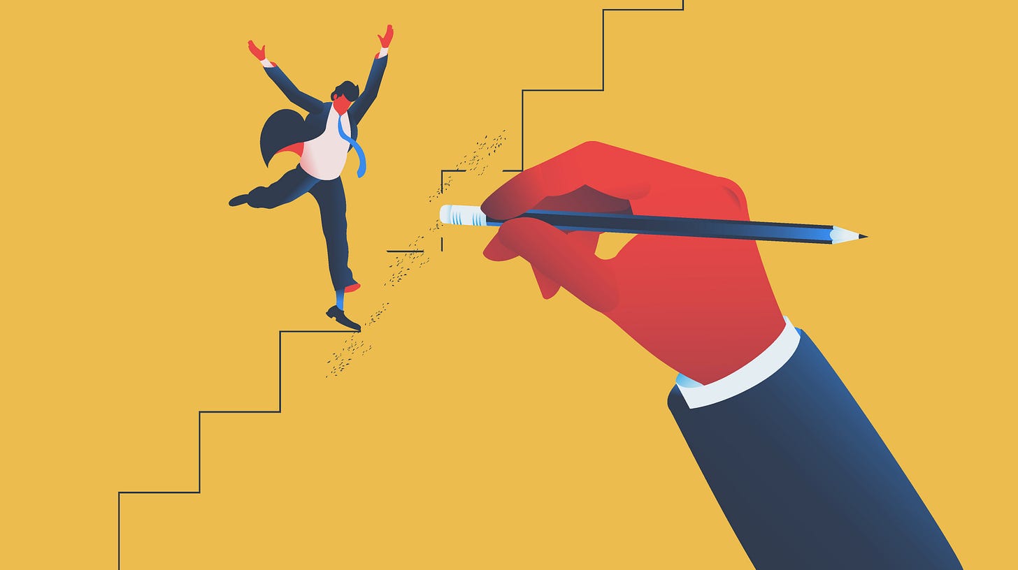 Illustration of a professional trying to climb a set of stairs while a hand with a pencil eraser erases the stairs