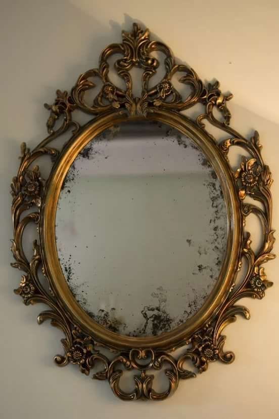 This may contain: an ornate gold framed mirror hanging on the wall