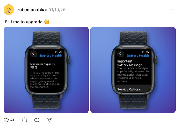 Apple Watch Battery Health screen showing 78 percent maximum capacity and important battery service message.