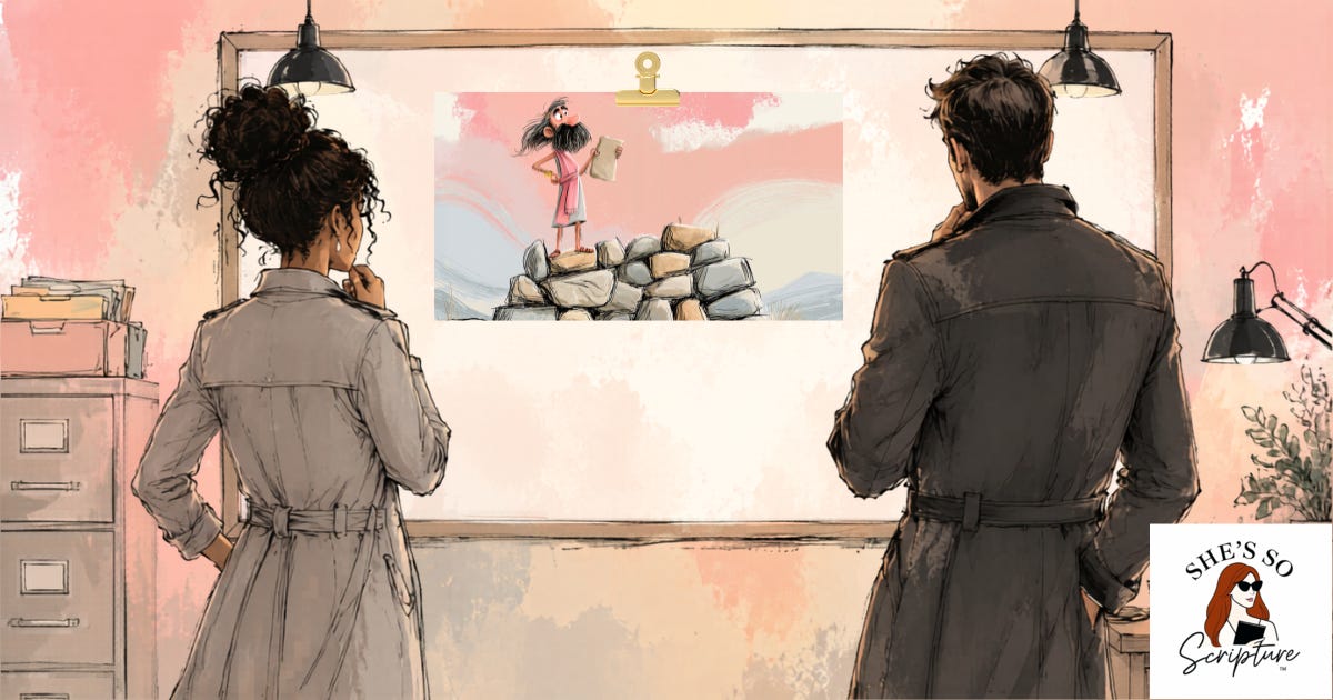  Illustrated detectives in trench coats viewed from behind, studying a pinned evidence photo on a corkboard of a prophet standing on a stone rampart holding a tablet, blush pink watercolor office setting.