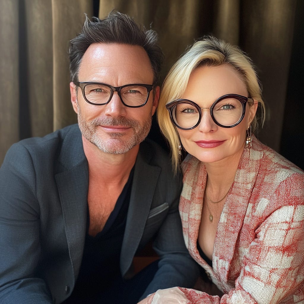 Mark and Samantha, the hosts of The Liat Show Podcast, reimagined by MidJourney, featuring stylish eyewear and elegant attire, set against a softly lit background.