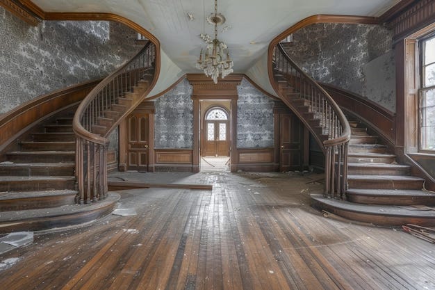 Majestic vintage double staircase in abandoned mansion with elegant wooden  banisters and sunlight | Premium AI-generated image