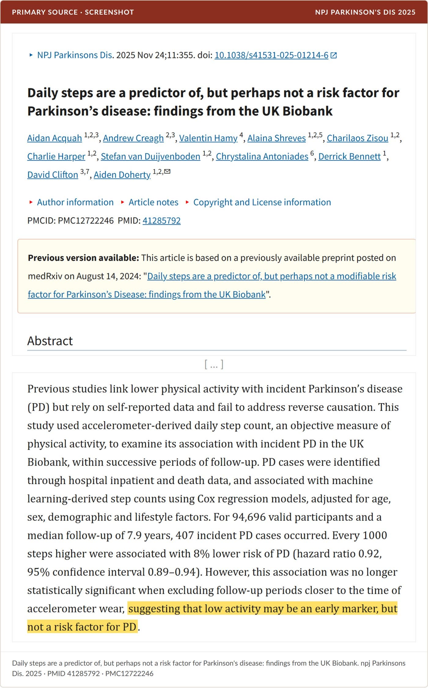 Primary source screenshot, PubMed Central: npj Parkinson's Disease 2025. Highlighted: low activity as an early marker rather than a risk factor.