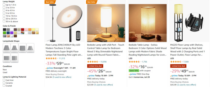 Searching for lamp on Amazon provides a number of good pictures but the name of the product is a mess. For example, “Bedside table lamp Solsiu bedroom 3 color options solid wood lamps modern fabric shade etc.”