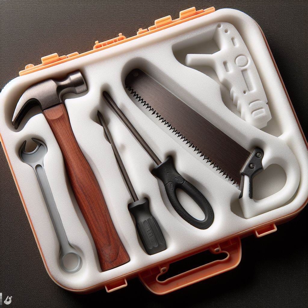 a hammer, a screwdriver, and a saw, all stored in custom carved memory foam with exact shapes