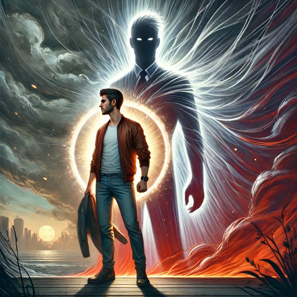 A powerful digital illustration showing a male neurodivergent individual (diverse features, wearing casual clothing) standing confidently in front of a looming shadowy figure representing a narcissist. The narcissist’s shadow is exaggerated, ominous, and attempting to reach for the man, but he is surrounded by a glowing shield of light, symbolizing resilience and self-protection. The background is a blend of chaos on one side (dark and stormy) and calm on the other (bright and peaceful), representing the contrast between the narcissist’s control and the individual’s reclaimed power. The atmosphere is empowering and hopeful.