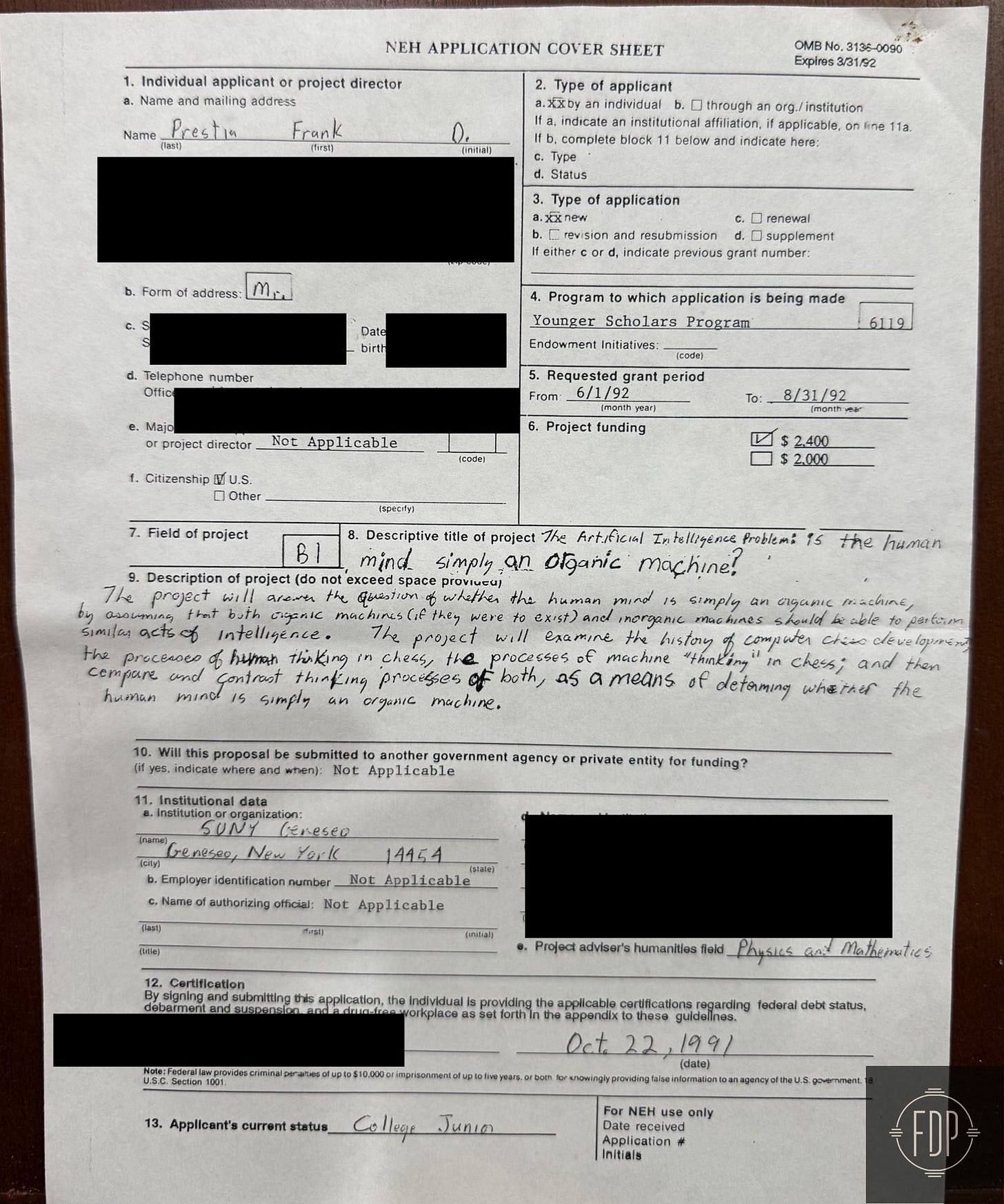National Endowment For The Humanities- 1991 Application National Endowment For The Humanities- 1991 Application