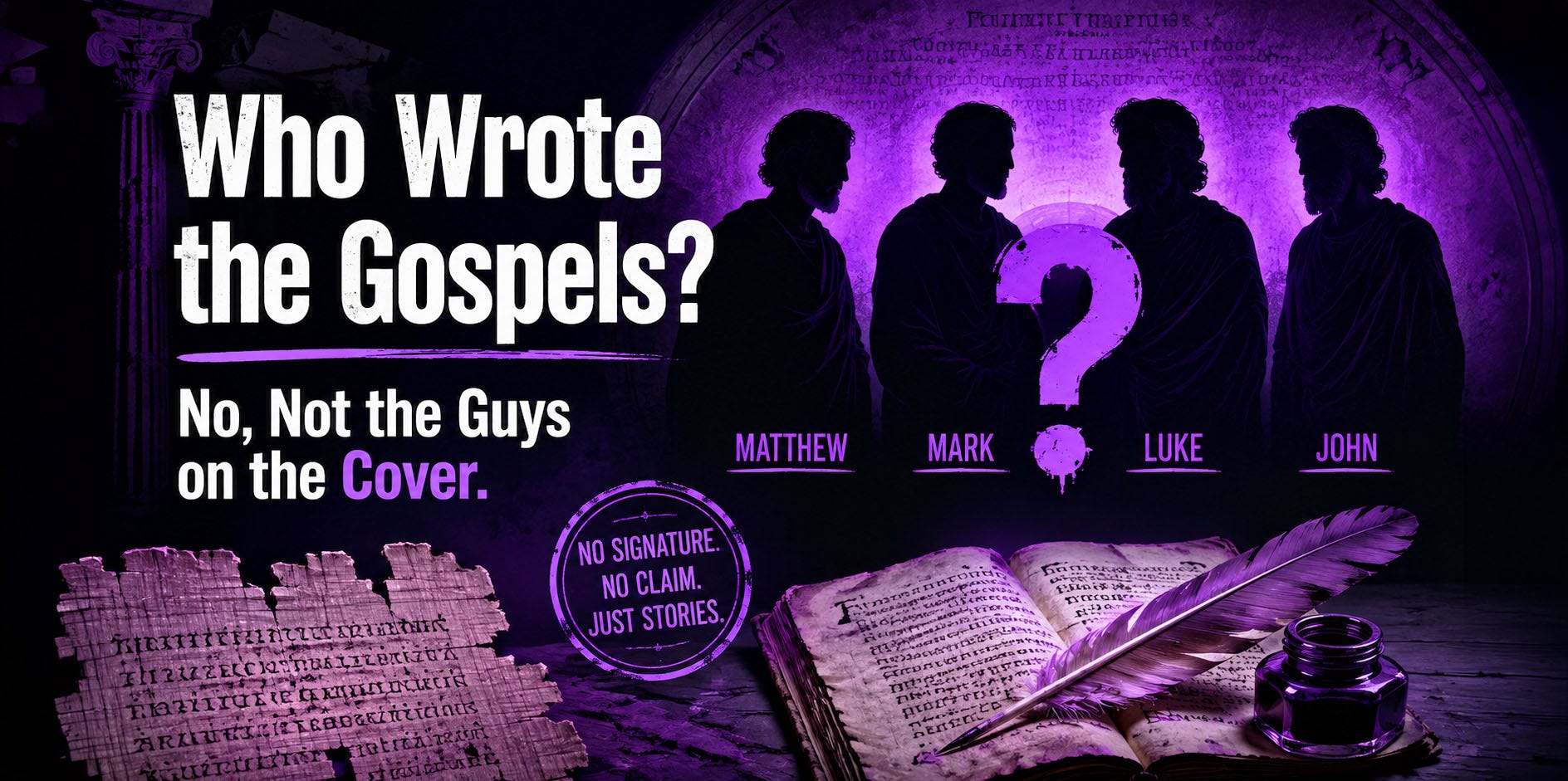Ancient manuscripts and four shadowed gospel figures beneath a glowing purple question mark, symbolizing the mystery of Gospel authorship. Ancient manuscripts and four shadowed gospel figures beneath a glowing purple question mark, symbolizing the mystery of Gospel authorship.