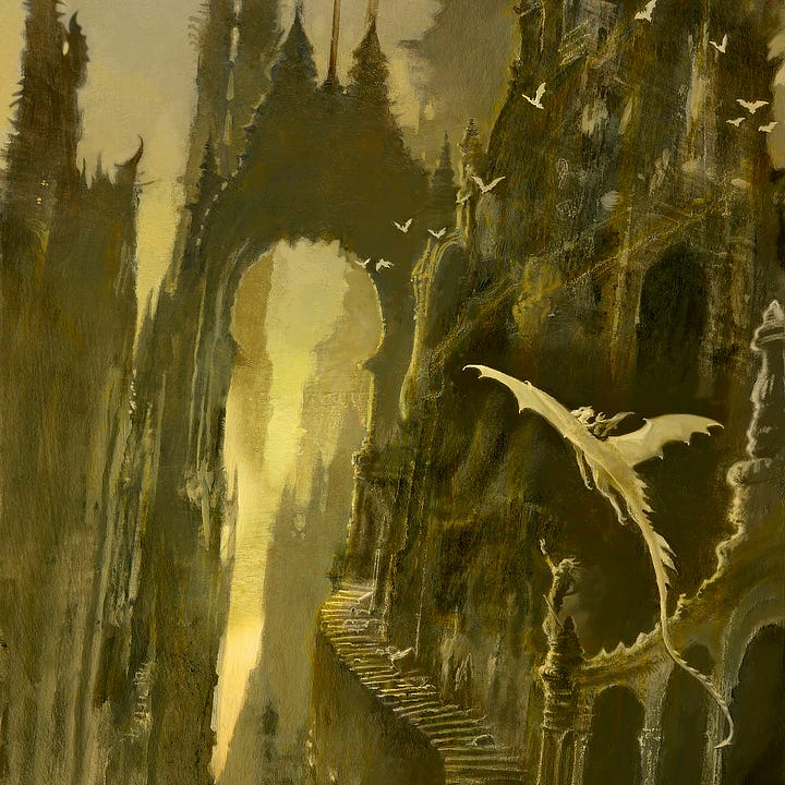 LEFT: Detail from RETURN TO MELNIBONÉ featuring Elric riding on a white dragon as it glides into Imrryr, The Dreaming City. Below is a statue with one arm reaching out and a sword at its hip. Following the implied line, stairs wind upward to an ornate gate topped not with spikes but curving antennae, lending it an alien sensibility. RIGHT: Figure detail from RETURN TO MELNIBONÉ featuring the tiny figure of Elric riding on the back of a pristine white dragon. Its wings are spread wide as if it's gliding and its long tail extending off panel below.