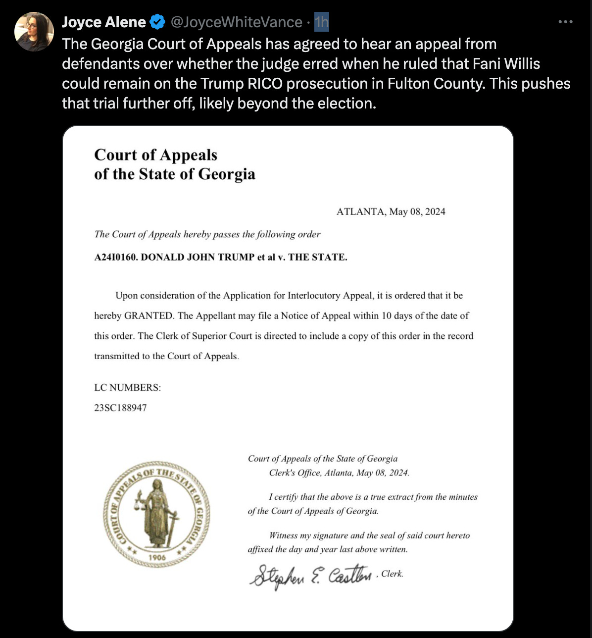 The Georgia Court of Appeals has agreed to hear an appeal from defendants over whether the judge erred when he ruled that Fani Willis could remain on the Trump RICO prosecution in Fulton County. This pushes that trial further off, likely beyond the election.