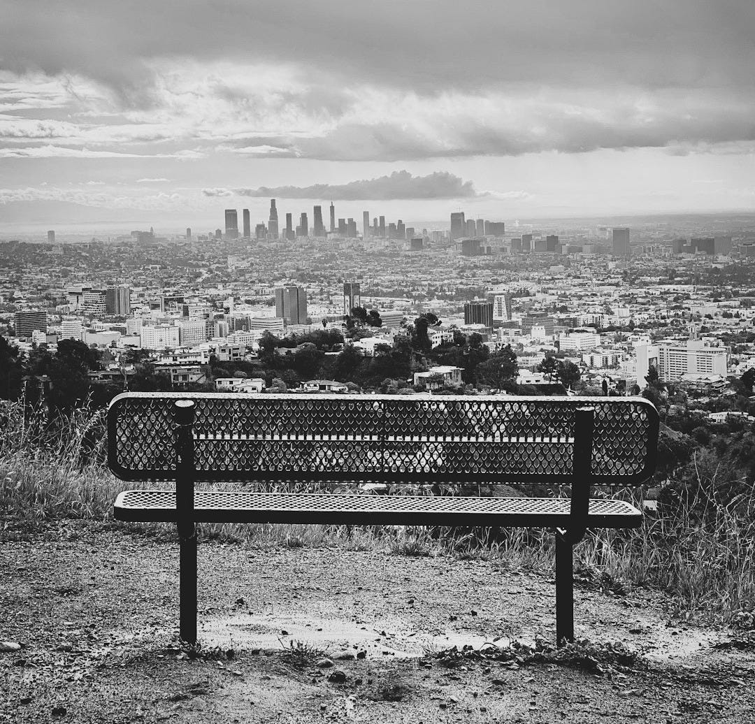 grayscale photo of bench near city buildings grayscale photo of bench near city buildings