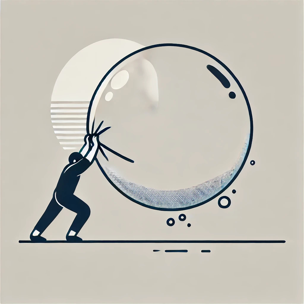 A simple, minimalist illustration of a person trying to push a large bubble down, with the bubble pushing back up as if it were a beach ball under water. The background is plain and simple, with only the bubble and person as the focus.