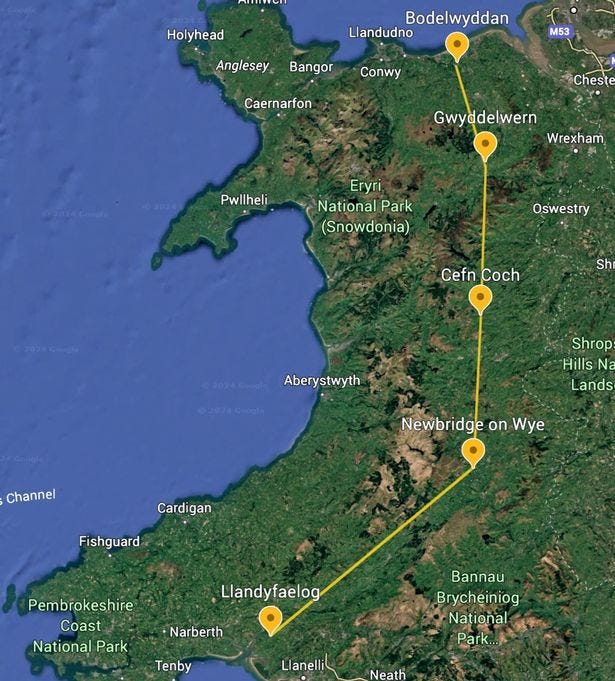 Dr Dean's best-guess estimate for the National Grid's planned north-south electricity transmission route through Wales
