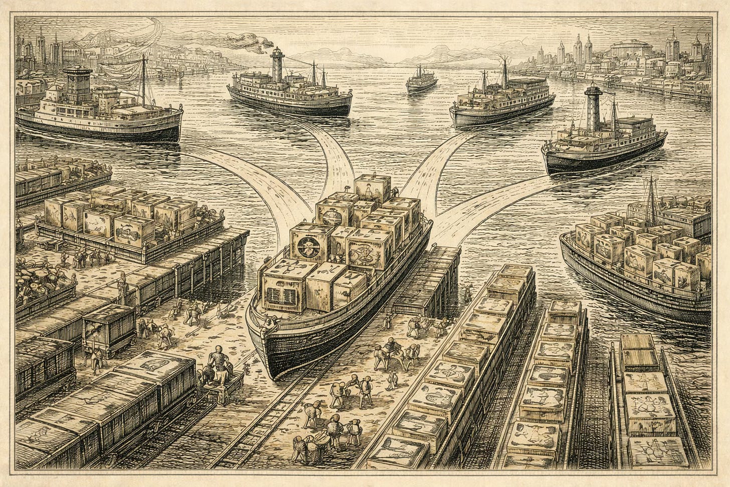 Engraved illustration of creator content entering a secondary distribution market, with catalog assets moving from one platform into FAST channels, streaming services, and premium buyers. Engraved illustration of creator content entering a secondary distribution market, with catalog assets moving from one platform into FAST channels, streaming services, and premium buyers.