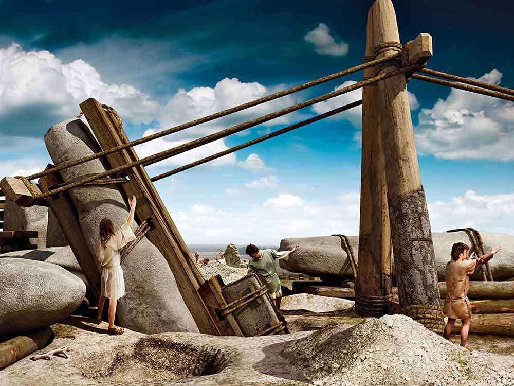 A reconstruction showing the raising of a stone in the outer sarsen circle