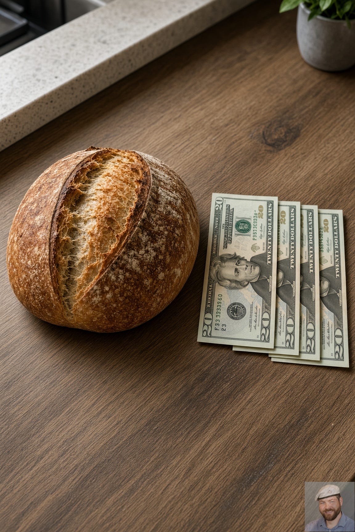 A round rustic loaf of bread sits on a wooden countertop next to a small stack of U.S. twenty-dollar bills featuring Andrew Jackson, with a light-colored kitchen counter edge and a small potted plant in the background. A round rustic loaf of bread sits on a wooden countertop next to a small stack of U.S. twenty-dollar bills featuring Andrew Jackson, with a light-colored kitchen counter edge and a small potted plant in the background.