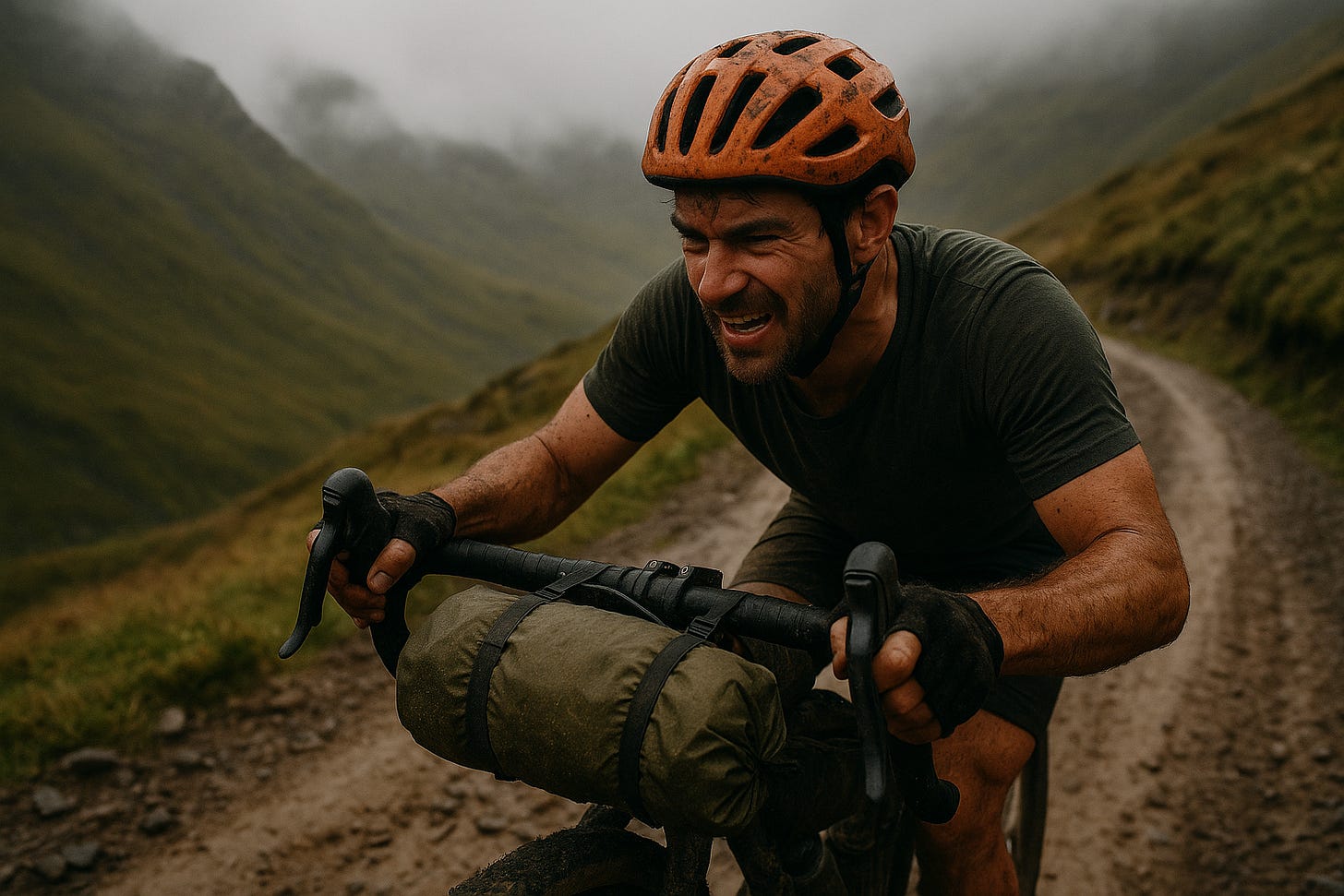 Man on bike in pain, climbing a hill