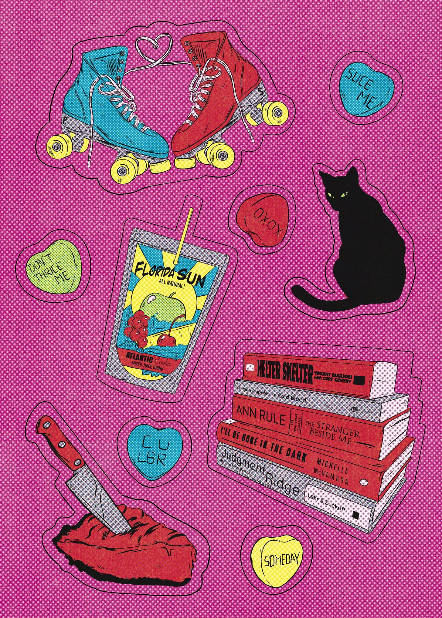 Sticker sheet for LOVE IN THE TIME OF SERIAL KILLERS featuring conversation hearts, a cat, roller skates, and other imagery