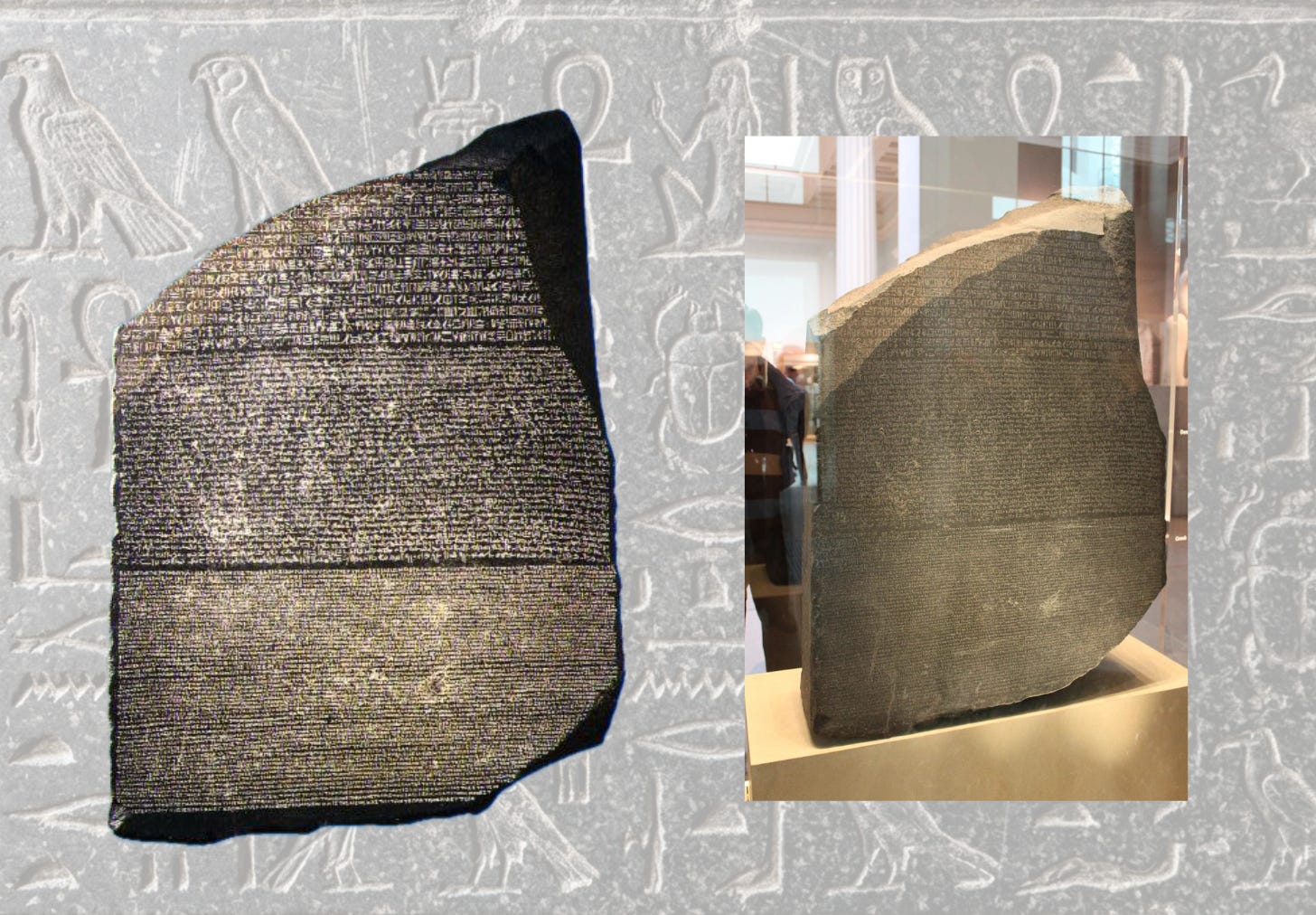 The Rosetta Stone sits on a background of hieroglyphics The Rosetta Stone sits on a background of hieroglyphics